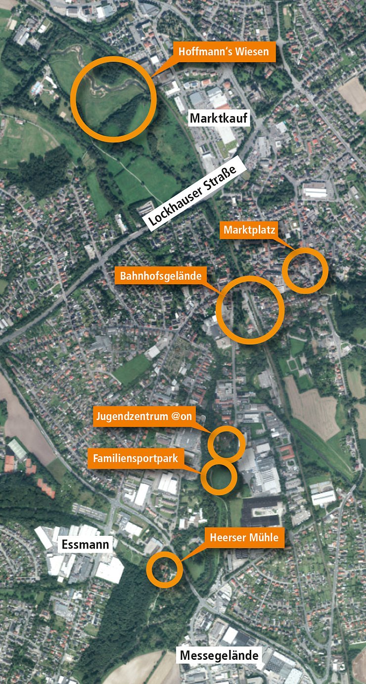 Brennpunkte des Masterplans: Das Luftbild zeigt einige Standorte von möglichen Maßnahmen für
Schötmar. - © Grafik: Benjamin Möller/Geobasis NRW/Quelle: steg NRW GmbH