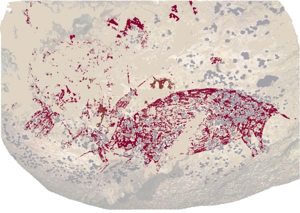 Älteste gegenständliche Malerei: drei Figuren und ein Wildschwein. - © Griffith University/dpa