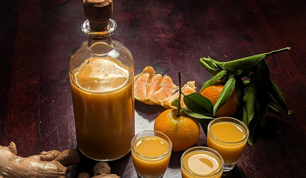 Eine Flasche und drei Gl&auml;ser mit Ingwershot stehen auf dem Tisch - Doreen Hassek/dpa-tmn