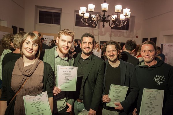 Die Preisträger und Ausgezeichneten: Ingrid Mackinger, Philipp Hiller, Eike Scheps, Marcel Cardinali und Florian Tolksdorf. - © Torben Gocke