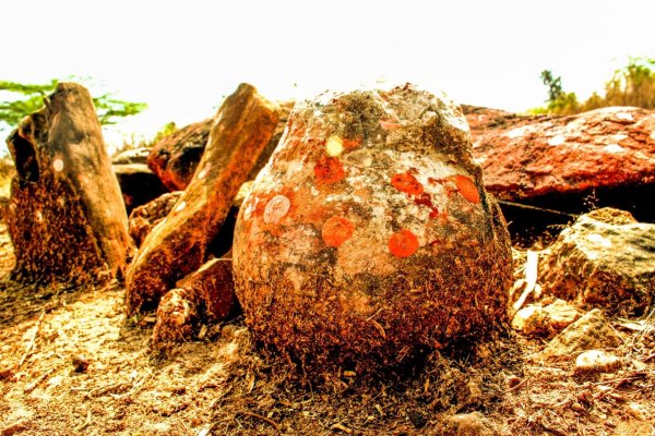 Diese als göttlich verehrte Steinkugel in Indien hat sich als Dino-Ei entpuppt. - © Vishal Verma/dpa