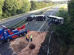 Auf der A33 ist dieser Gliederzug umgekippt, die Autobahn muss deshalb bis zum Mittag in Richtung Bielefeld teilweise gesperrt bleiben. - &copy; FOTO: MARC K&Ouml;PPELMANN