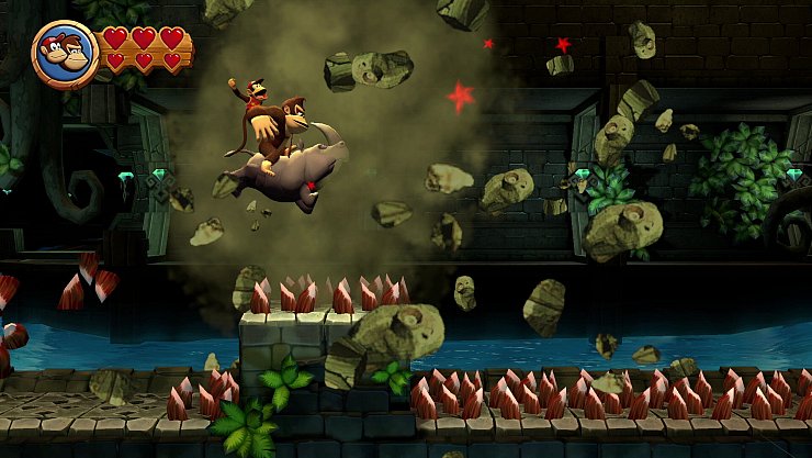 In "Donkey Kong Country Returns HD" bekommen wir auch Unterstützung von Nashorn "Rambi", um Donkey Kongs Bananenvorrat zu retten. - © Nintendo
