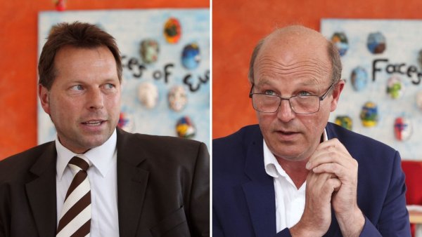 Frank Hilker (links) tritt in der SPD die Nachfolge als Bürgermeisterkandidat für Rainer Heller (rechts) an. - © Vera Gerstendorf-Welle