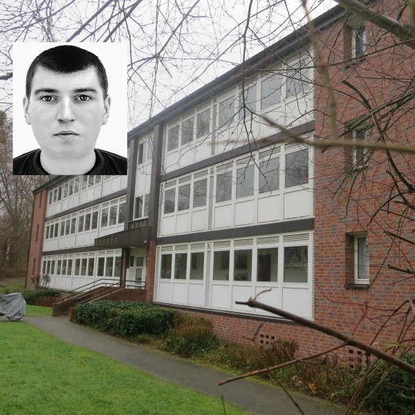 Tatot: In dem Detmolder Mehrfamilienhaus wohnte Dorothea H. (92). Sie wurde hier Opfer eines brutalen Raubüberfalls. Mit einem Phantombild (kl.
Foto) suchte die Polizei den Täter.
 - © Hubertus Gärtner