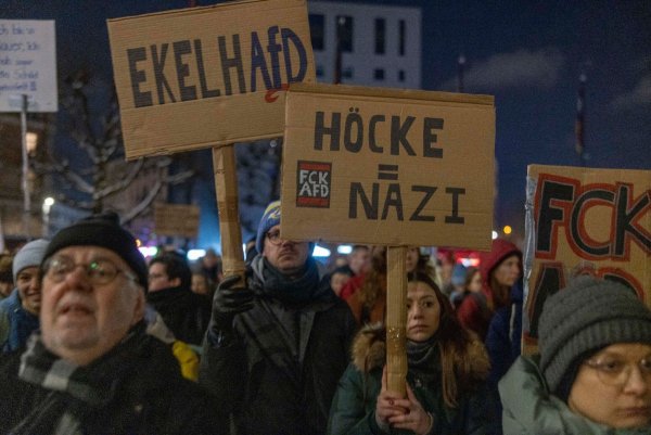 Menschen halten bei einer Demo Plakate gegen die AfD. - © Helmut Fricke/dpa/Symbolbild