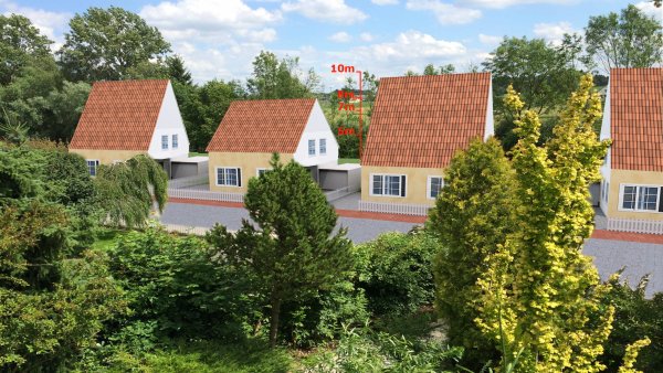 Vorschlag: So sieht der Entwurf aus, den die Anlieger Bürgermeister Gerhard Schemmel und dem Investor vorgelegt haben. Das zweite Haus von links soll die Höhe simulieren, die die Anlieger wünschen. Die drei anderen Häuser zeigen die Höhe, die der Investor bislang geplant hat. Sie werden nun niedriger. Grafik: Horst Koring - © Horst Koring