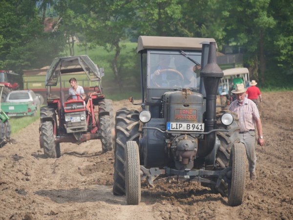 Alte Landmaschinen im Einsatz: Am Steuer des 45-PS-Vorkriegs-Lanz-Bulldog von Dr. Hans Broede probiert sich Bürgermeister Rainer Heller im Pflügen. Rechts neben dem Traktor läuft Hermann Ollenburg. - © Jost Wolf