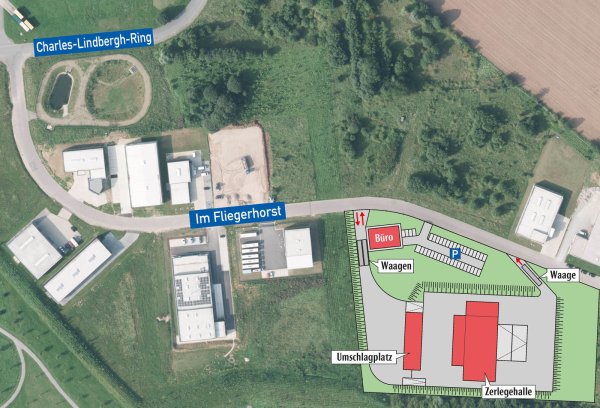 Großes Areal: Südlich vom Charles-Lindbergh-Ring baut die Arbeitsgemeinschaft Arbeit ihren neuen Recyclinghof. Der besteht aus einem Verwaltungsgebäude, einem Umschlagplatz und einer Zerlegehalle. - © Land NRW (2018) / Plan: Ing.-Büro Steffen Schöne / Montage: Oliver Wendtland
