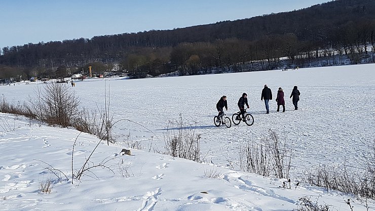 Selbst Radfahrer lockte die riesige Eisfläche. Die beiden Jungs, die hier den Kanueinstieg am Nordufer ansteuern, waren nicht die einzigen auf zwei Rädern.  - © Marianne Schwarzer