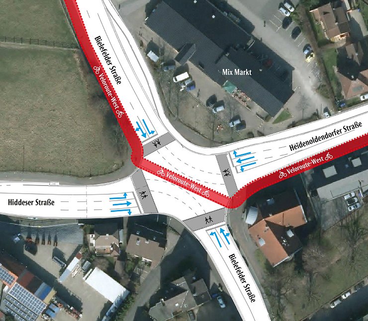 Der Plan: Auf der Hiddeser Straße (links) und der Heidenoldendorfer Straße (rechts) soll es künftig je drei Aufstellspuren geben – für Geradeausfahrer sowie Links- und Rechtsabbieger. Dazu kommt eine Diagonalquerung für Radfahrer. - © Karte: Geobasisdaten NRW/Möller