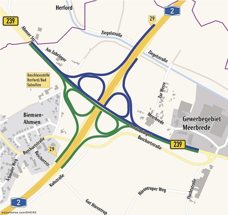 <p>Arbeiten am Knotenpunkt

B 239/A 2: Zuerst ist der blaue Straßenbereich (Fahrtrichtung Herford)

betroffen und gesperrt. Ab circa Mitte Juni kommt der grüne Bereich

(Fahrtrichtung Bad Salzuflen) dran, dann ist bis August hier alles dicht.</p> 
- © Karte: maps4news.com / Grafik: Oliver Wendtland