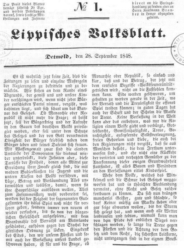 „Die Wage" und das „Lippische Volksblatt" lieferten sich 1848 einen erbitterten Kampf um die öffentliche Meinung. - © Benjamin Möller
