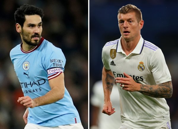 Treffen im Champions-League-Halbfinale aufeinander: Ilkay Gündogan (l) und Toni Kroos. - © Dave Thompson/Shaun Brooks/AP/Action Plus Sports via ZUMA Wire/dpa