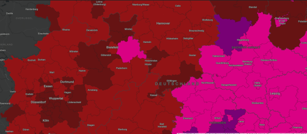 Das Covid-19-Dashboard des Robert-Koch-Instituts zeigt den Kreis Lippe in pink -. als einziger Kreis in NRW. - © Screenshot: RKI