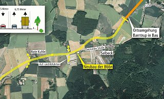 So könnte sie aussehen: Zwischen Barntrup und Großenmarpe soll es eine neue Straße geben – um Selbeck herum. - Grafik: „Straßen NRW“/Benjamin Möller/Geobasisdaten Land NRW So könnte sie aussehen: Zwischen Barntrup und Großenmarpe soll es eine neue Straße geben – um Selbeck herum. - Grafik: „Straßen NRW“/Benjamin Möller/Geobasisdaten Land NRW