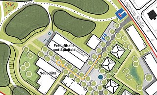 Ecke Wittekindstraße/Lagesche Straße - die bisherigen Parkplätze bleiben, im Umfeld ist Wohnbebauug bzw auch das alte Vereinsheim. - Grafik: Stadt Detmold/Sven Koch