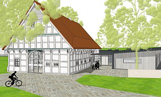 So sollen sich das "Haus" und der eingeschossige Kita-Anbau (rechts) künftig von der Max-Planck-Straße aus präsentieren. - "b44 architekten" So sollen sich das "Haus" und der eingeschossige Kita-Anbau (rechts) künftig von der Max-Planck-Straße aus präsentieren. - "b44 architekten"