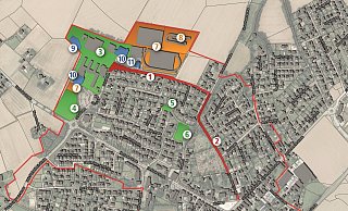 ISEK-Projekte: Die Grafik zeigt eine Auswahl aus Ideen der Workshops f&uuml;r den Ortsteil Leopoldsh&ouml;he. So sollen die Schulstra&szlig;e (1) und die Hovedisser Stra&szlig;e (2) aufgewertet werden, ebenso das Umfeld des Schulzentrums (3). Der Teich am Schulzentrum (4) und die Gr&uuml;nfl&auml;che am Siekweg (6) sollen attraktiver, der Spielplatz Diesterwegstra&szlig;e neugestaltet (5) werden. Die Au&szlig;ensportanlagen am Schulzentrum sollen modernisiert und ausgebaut werden (7 und 8). Schwerpunkt sind die Erweiterung der Felix-Fechenbach-Gesamtschule (9), sowie die Sanierung der Sporthallen und des Familienzentrums &bdquo;Leos" (10 und 11). - Grafik: Gemeinde Leopoldsh&ouml;he/Oliver Wendtland