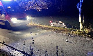 In einer Kurve auf der Dorfstraße ist eine junge Frau am Mittwochabend mit ihrem Auto von der Fahrbahn abgekommen, gegen einen Baum gefahren und auf eine Wiese geflogen. - Thomas Dohna In einer Kurve auf der Dorfstraße ist eine junge Frau am Mittwochabend mit ihrem Auto von der Fahrbahn abgekommen, gegen einen Baum gefahren und auf eine Wiese geflogen. - Thomas Dohna