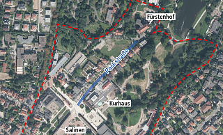 Die rote Linie zeichnet das Gebiet des Bebauungsplans Nr. 0151 im Bereich der Parkstraße ein. - Foto: Land NRW (2019) / Grafik: Oliver Wendtland Die rote Linie zeichnet das Gebiet des Bebauungsplans Nr. 0151 im Bereich der Parkstraße ein. - Foto: Land NRW (2019) / Grafik: Oliver Wendtland