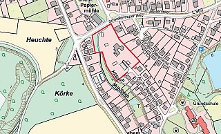 Rot umrandet ist in etwa das Gebiet nahe dem Mühlbach, auf dem neue Häuser gebaut werden sollen. Es liegt zwischen dem Schwelentruper Weg und der Straße An der Niedermühle. - Geobasisdaten NRW/Jens Rademacher Rot umrandet ist in etwa das Gebiet nahe dem Mühlbach, auf dem neue Häuser gebaut werden sollen. Es liegt zwischen dem Schwelentruper Weg und der Straße An der Niedermühle. - Geobasisdaten NRW/Jens Rademacher