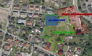 Für das rot markierte Gebiet zwischen Paul-Nipkow-Weg (oben links), Hiddeser Straße (rechts) und Heidebachstraße (unten) soll ein Bebauungsplan erstellt werden, damit auf den Freiflächen und anstelle einiger alter Gewächshauser der Gärtnerei Leßmann 14 Einfamilienhäuser gebaut werden können. - Geodaten NRW/TIM-Online