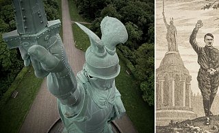 Das Hermannsdenkmal, ein umkämpftes Symbol: Links die monumentale Statue auf der Grotenburg, rechts eine historische Darstellung mit politischer Vereinnahmung. - Nicole Ellerbrake/Lippisches Landesmuseum Das Hermannsdenkmal, ein umkämpftes Symbol: Links die monumentale Statue auf der Grotenburg, rechts eine historische Darstellung mit politischer Vereinnahmung. - Nicole Ellerbrake/Lippisches Landesmuseum