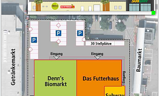 Die Pläne des Architekturbüros sehen eine Dreiteilung der neu entstehenden Ladenfläche vor. Parkplätze und Eingänge sind auf der von der Bundesstraße abgewandten Seite geplant - Land NRW (2019) / Zeichnung: Architekturbüro Duderstadt GmbH / Grafik: Oliver Wendtland Die Pläne des Architekturbüros sehen eine Dreiteilung der neu entstehenden Ladenfläche vor. Parkplätze und Eingänge sind auf der von der Bundesstraße abgewandten Seite geplant - Land NRW (2019) / Zeichnung: Architekturbüro Duderstadt GmbH / Grafik: Oliver Wendtland