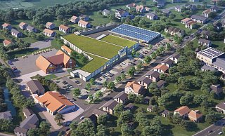So soll das Fachmarktzentrum aussehen. Im Vordergrund diagonal durchs Bild verläuft die Kampstraße mit dem Tedi unten links und der ehemaligen Post (jetzt Torten-Konditorei) darüber. Links liegt die Altstadt. Im Hintergrund ist die Wiesenstraße zu sehen.  - halsdorfer + ingenieure projekt gmbh
