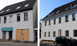 Das Gebäude Mittelstraße 32 vor und nach dem Umbau. Vorher befand sich im Erdgeschoss ein Ladenlokal, genauso wie es der Bebauungsplan einst vorsah. - Fotos: Lorraine Brinkmann Das Gebäude Mittelstraße 32 vor und nach dem Umbau. Vorher befand sich im Erdgeschoss ein Ladenlokal, genauso wie es der Bebauungsplan einst vorsah. - Fotos: Lorraine Brinkmann