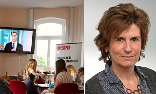 Die lippische SPD verfolgt Hendrik Wüsts (CDU) Rede, in der er von einem Regierungsauftrag für seine Partei spricht. LZ-Redakteurin und Leiterin Print Silke Buhrmester ordnet den Wahlabend ein.  - Jost Wolf/Vera Gerstendorf-Welle