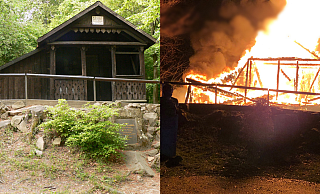 Die Bandelhütte vor und während des Brandes. Die Polizei konnte nun die Ursache des Feuers ermitteln. - Axel Hindemith; Polizei Lippe