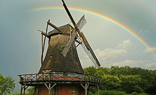 Ein Regenbogen über der Kappenwindmühle im LWL-Freilichtmuseum Detmold. - Archivfoto: LWL/Jaehne Ein Regenbogen über der Kappenwindmühle im LWL-Freilichtmuseum Detmold. - Archivfoto: LWL/Jaehne