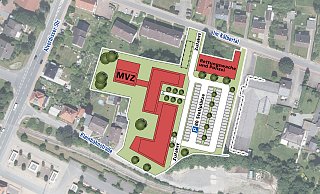 Hier könnte es entstehen: Der Plan zeigt das sogenannte Hybrid-Zentrum an der Kleinbahnstraße mit Ärzten, Therapeuten und Weiterem. Noch sind das allerdings nur erste Ideen. - Land NRW (2019)/Grafik: Portarion GmbH & Cie. KG/Montage: Oliver Wendtland Hier könnte es entstehen: Der Plan zeigt das sogenannte Hybrid-Zentrum an der Kleinbahnstraße mit Ärzten, Therapeuten und Weiterem. Noch sind das allerdings nur erste Ideen. - Land NRW (2019)/Grafik: Portarion GmbH & Cie. KG/Montage: Oliver Wendtland