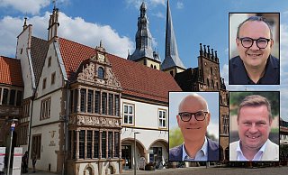 Wer schafft es ins Rathaus? Dr. Burkhard Pohl (Grüne) und Alexander Baer (SPD) fordern Amtsinhaber Markus Baier (parteilos) heraus. - Alte Hansestadt Lemgo, Katrin Kantelberg, Montage: Anja Friebe Wer schafft es ins Rathaus? Dr. Burkhard Pohl (Grüne) und Alexander Baer (SPD) fordern Amtsinhaber Markus Baier (parteilos) heraus. - Alte Hansestadt Lemgo, Katrin Kantelberg, Montage: Anja Friebe