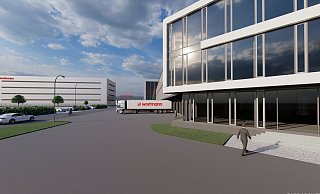 Das bestehende Logistikzentrum (rechts) soll um ein neues, vollautomatisches Shuttle-Lager (hinten links) ergänzt werden. - Visualisierung: Pape Architekten AG