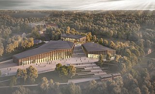 Das neue Eingangs- und Ausstellungsgebäude hat drei Baukörper, die aus dem Boden emporragen. Tatsächlich sind diese unterirdisch aber miteinander verbunden. - LWL/AVP Group Das neue Eingangs- und Ausstellungsgebäude hat drei Baukörper, die aus dem Boden emporragen. Tatsächlich sind diese unterirdisch aber miteinander verbunden. - LWL/AVP Group