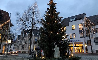 Ein Weihnachtsbaum steht auf dem Marktplatz in Schötmar. - Sven Kienscherf