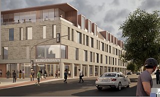 Die Visualisierung zeigt den Blick auf das neue Hornsche Tor mit dem Entrée zur Langen Straße. - Duprée Architekten Die Visualisierung zeigt den Blick auf das neue Hornsche Tor mit dem Entrée zur Langen Straße. - Duprée Architekten