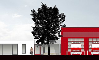 So sieht der Entwurf des Planungsbüros Brand Architekten aus Lemgo für das neue Feuerwehrgerätehaus in Donop mit einer dynamisch gezeichneten Fahrzeughalle aus.  - Planungsbüro Brand Architekten