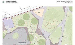 Links der alte Pausenhof, dessen Asphaltfläche bleibt, aber mit aufgemalten Spielen gestaltet werden kann. Nach rechts folgt der begrünte Park mit der Stufenanlage in der Mitte und der Bühne davor. Oben im "Aktivitäten"-Feld sollen Bewegungsmöglichkeiten angeboten werden. So hatte sich die Gemeinde den Mehrgenerationenpark ursprünglich vorgestellt. - Grafik: Landschaftsarchitekten Kortemeier Brokmann
