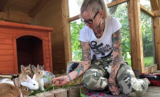 Tierpflegerin Freddy van der Hoeven füttert Kaninchen im neuen Außengehege des Tierheims. Dort ist auch diese mehrköpfige Kaninchenfamilie untergebracht. - Sven Kiencherf Tierpflegerin Freddy van der Hoeven füttert Kaninchen im neuen Außengehege des Tierheims. Dort ist auch diese mehrköpfige Kaninchenfamilie untergebracht. - Sven Kiencherf