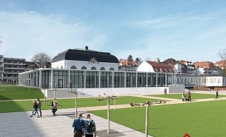 So stellen sich die Planer der Firma Eggersmann das "neue" Kurhaus vor. Einzig der Galasaal mit dem erhöhten Dach bliebe erhalten, "drumherum" würden neue Gebäudeteile mit viel Fensterfläche entstehen. Hier der Blick vom Kurpark aus. - Firma Eggersmann So stellen sich die Planer der Firma Eggersmann das "neue" Kurhaus vor. Einzig der Galasaal mit dem erhöhten Dach bliebe erhalten, "drumherum" würden neue Gebäudeteile mit viel Fensterfläche entstehen. Hier der Blick vom Kurpark aus. - Firma Eggersmann