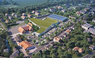 So sähe das Fachmarktzentrum Kampstraße aus der Vogelperspektive aus, das zwischen dem Tedi-Markt und der Wiesenstraße realisiert werden soll. - Stadt Horn-Bad Meinberg / Halsdorfer Ingenieure