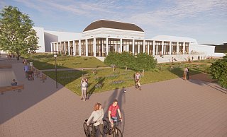 So stellen sich die Planer das Umfed des neuen Kurhauses vor. Es soll mehr Grün zum Einsatz kommen, außerdem wird das Entree zum Kurpark (links) breiter. - Firma Eggersmann So stellen sich die Planer das Umfed des neuen Kurhauses vor. Es soll mehr Grün zum Einsatz kommen, außerdem wird das Entree zum Kurpark (links) breiter. - Firma Eggersmann