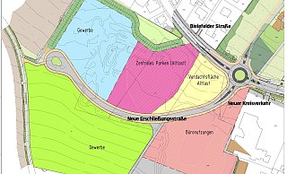 Das Areal an der Bielefelder Straße wird in verschiedene Flächen aufgeteilt: Gewerbe (Blau) mit 8350 Quadratmeter, Parken (Magenta) mit 6850 Quadratmetern, Büronutzungen (Rosa) mit 8700 Quadratmetern, Gewerbe (Grün) mit 15.850 Quadratmetern sowie einer optionalen Erweiterungsfläche von 4350 Quadratmetern (Grau) für Büro- oder Gewerbenutzungen. Hellgrün dargestellt ist eine kleine Zone von 1000 Quadratmetern, die privat veräußert werden kann, und Gelb zeigt eine mögliche Altlast-Zone vom früheren Betonwerk. Ebenfalls dargestellt ist der geplante Kreisverkehr an der Bielefelder Straße zur Erschließung des Areals.  - Sven Koch, Grafik: Stadt Detmold