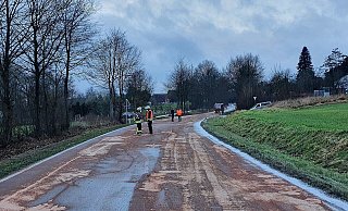 Dicke Schlieren auf der B1: Die Straße war zwischen Wöbbel und Nessenberg von mittags bis in den Abend gesperrt. - Feuerwehr Schieder-Schwalenberg
