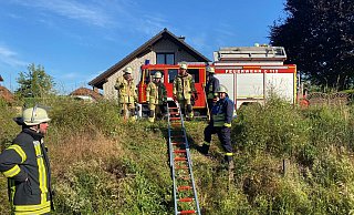 Über eine Leiter als provisorische Treppe konnten die Bahnreisenden die S-Bahn verlassen. - Feuerwehr Lügde