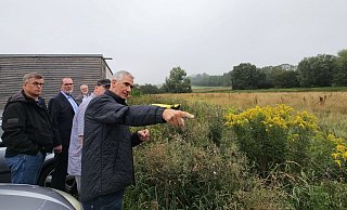 Der Bau- und Planungsausschuss hat sich in Hörste das Grundstück angesehen, auf dem ein ganzes Quartier mit 22 oder 26 Wohneinheiten gebaut werden soll. Beigeordneter Thorsten Paulussen hat die Kommunalpolitiker darauf hingewiesen, wo es Verrohrungen gibt. Denn der Baugrund ist ausgesprochen nass. - Astrid Sewing